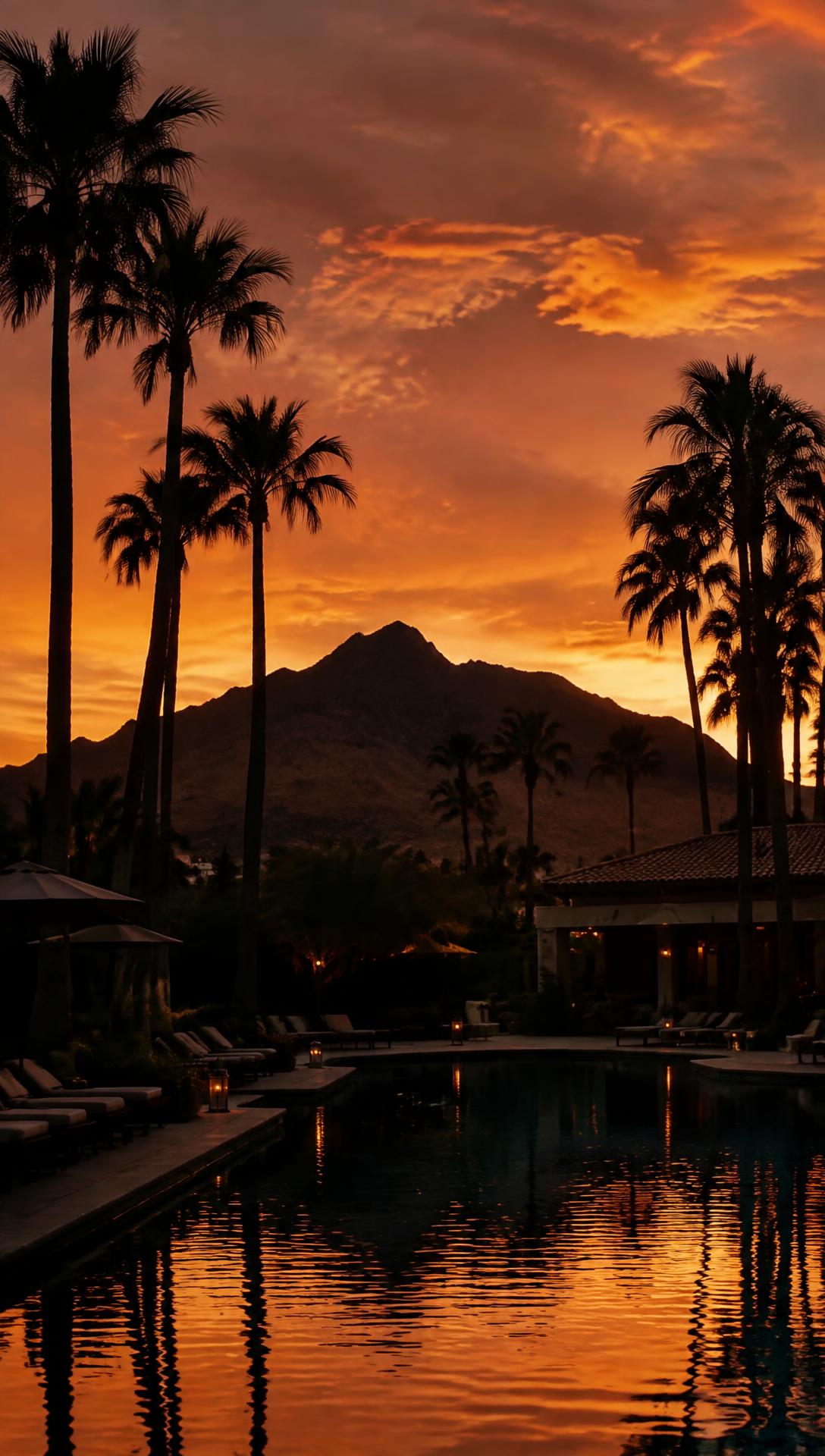 Desert sunset over Camelback Mountain with palms and a resort pool